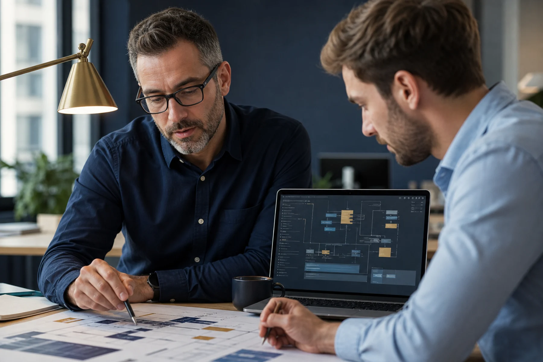 Consultores revisando una arquitectura de solución tecnológica